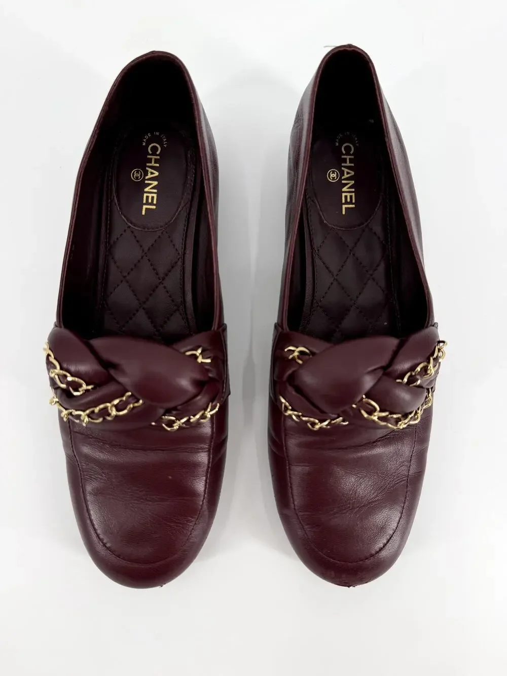 Chanel Bordeaux Burgundy Braided Lambskin CC Chain Loafers Size 39.5 EU 9